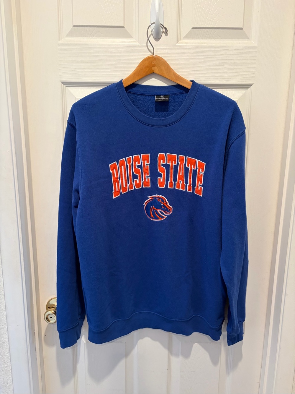 Colosseum Blue Boise State Crewneck with Orange Lettering